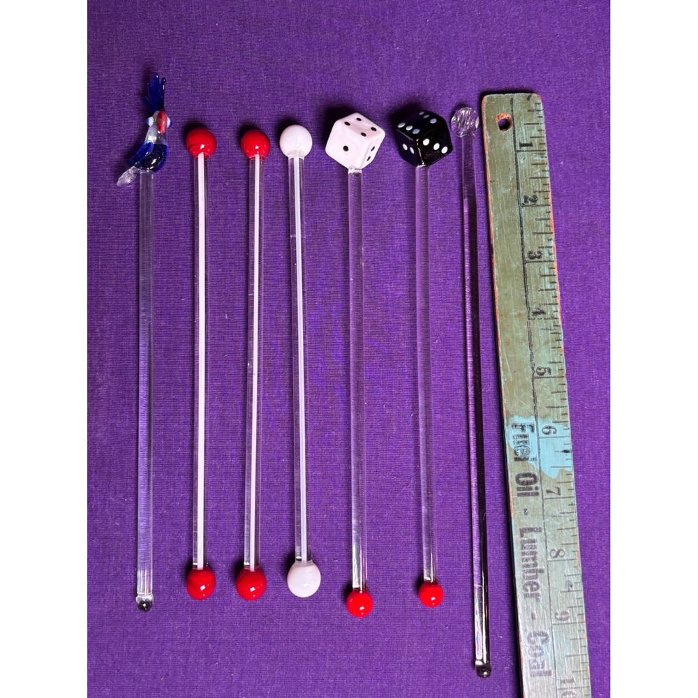Set of 7 Unique Glass Cocktail Stirrers Swizzle Stick Parrot Dice Barware VTg - Picture 3 of 7